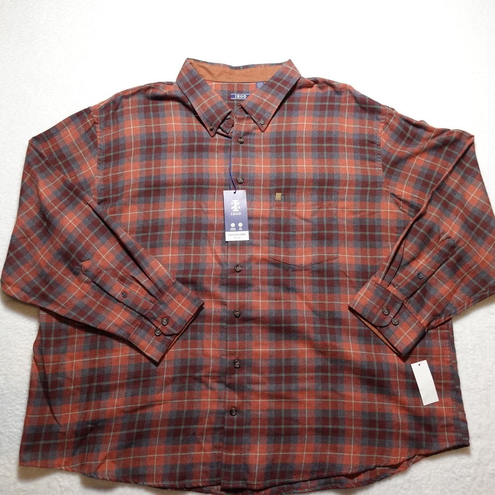 IZOD Stratton Flannel Shirt Mens 3XB Cherrywood Plaid Big & Tall Long Sleeve NWT